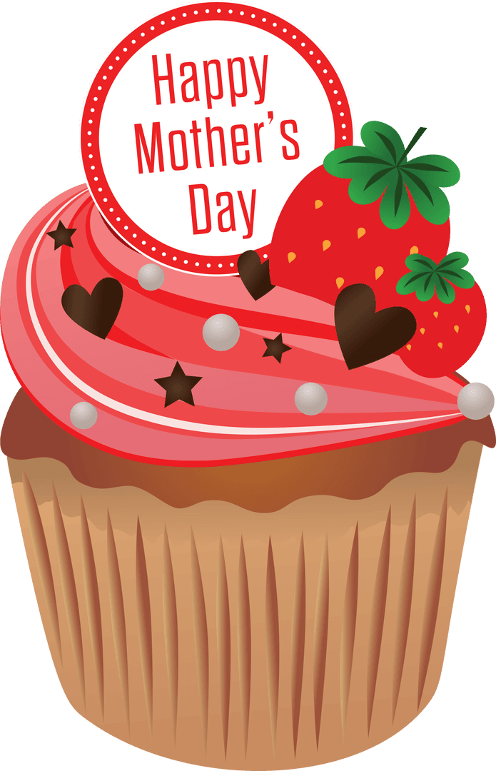 Happy Mother's Day Cupcake with Red Heart and Strawberry Decor on Transparent Background