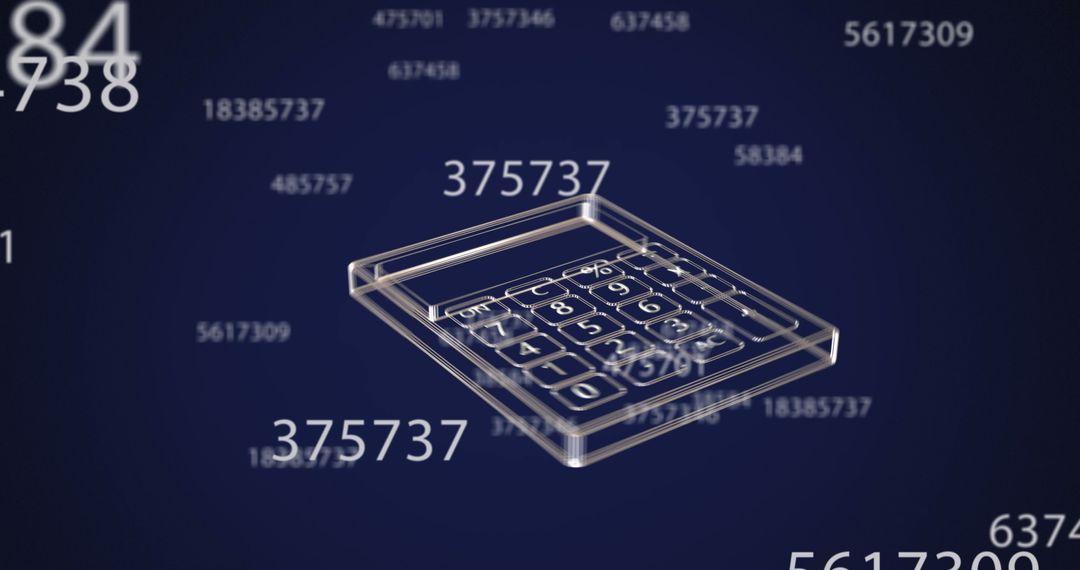 Digital Calculator Overlay with Flying Numbers on Black Background