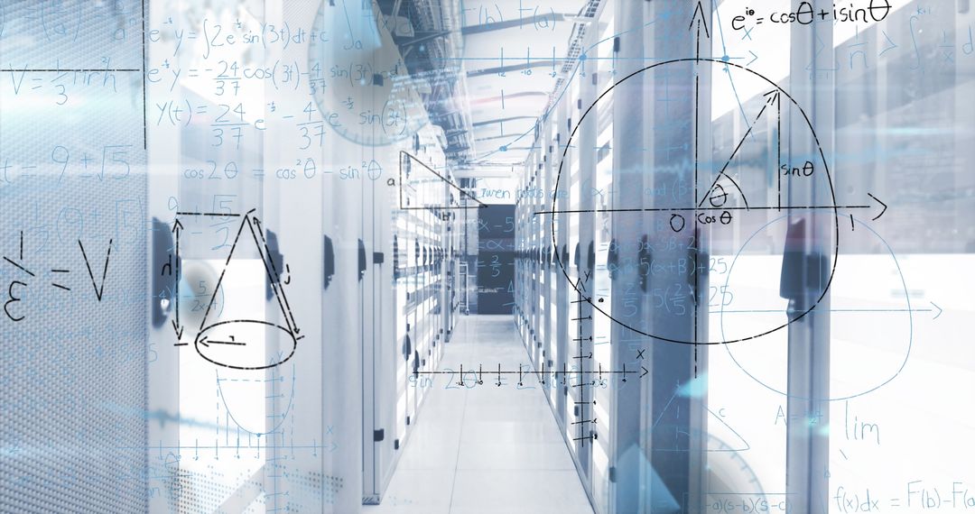 Mathematical Equations Overlay with Modern Server Room