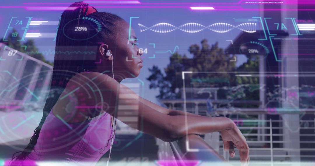 Futuristic Data Processing Over Woman Exercising
