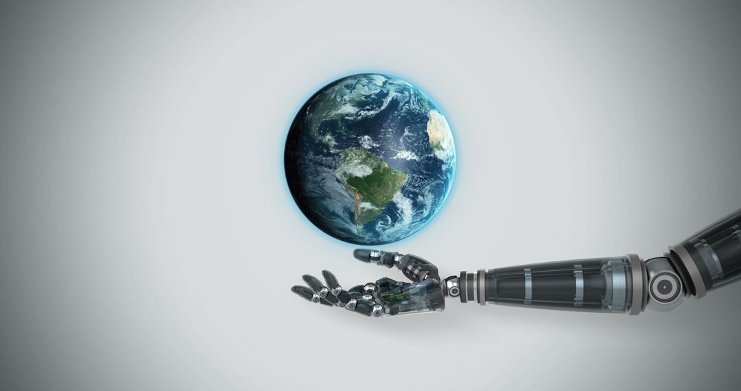 Futuristic Robotic Arm Holding Digital Earth Globe