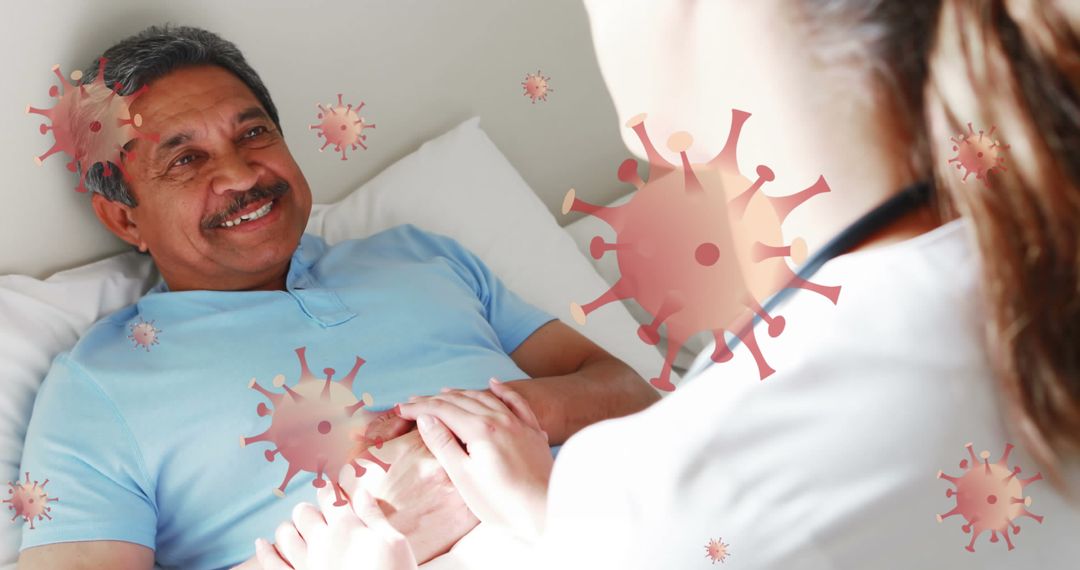 Caregiver Comforting Smiling Senior Patient with Virus Symbols