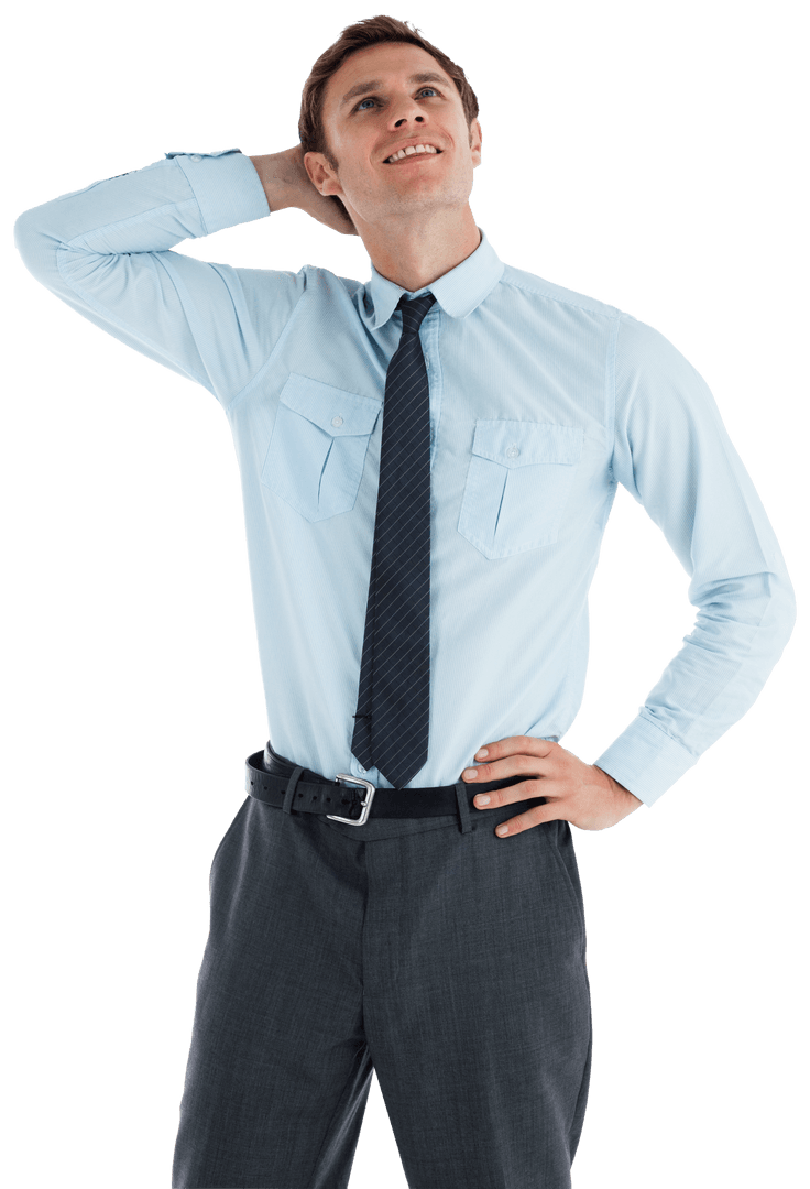 Transparent Thoughtful Businessman Gazing Upward with Hand on Head