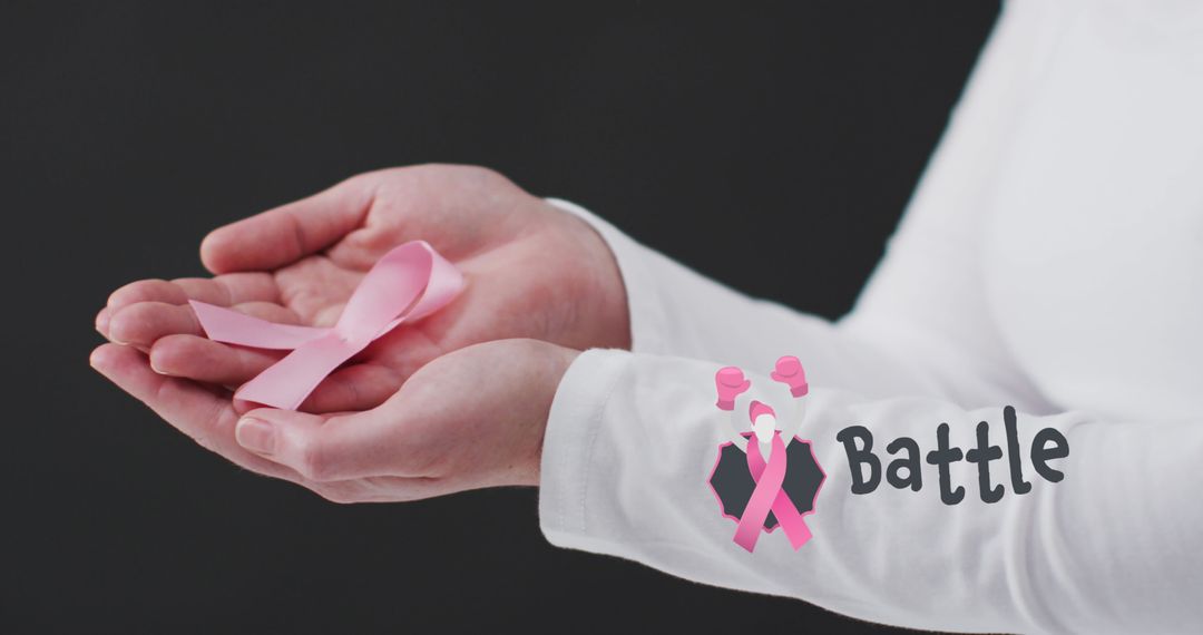 Breast Cancer Awareness with Pink Ribbon in Hands and Boxing Design