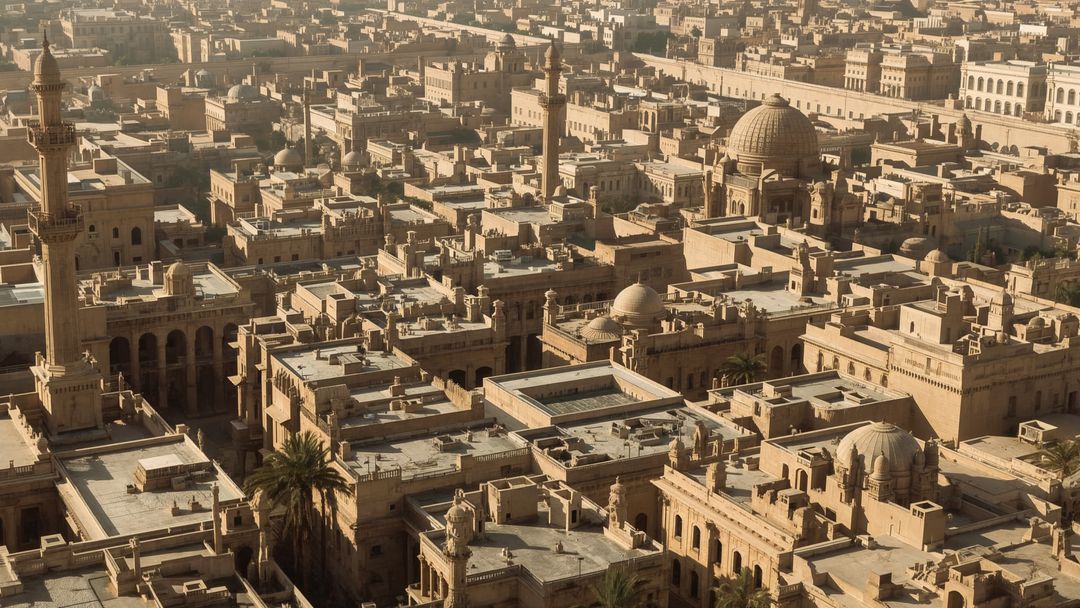 Aerial View of Historic Middle Eastern Cityscape with Domes and Minarets