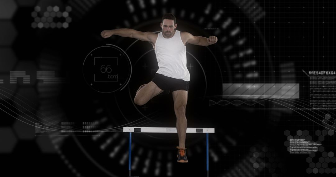 Male Athlete Leaping Over Hurdle with High-Tech Graphics Background - Free Images, Stock Photos and Pictures on Pikwizard.com