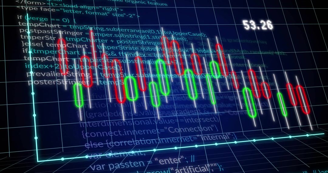 Animating Neon 3D Candlestick Trading Chart on Virtual Grid with Glowing Code Overlay