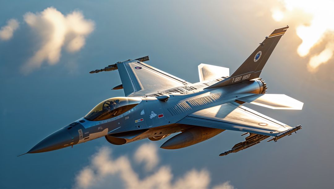 F-16 Style Jet Soaring Above Clouds at Sunrise Highlighting Aerospace
