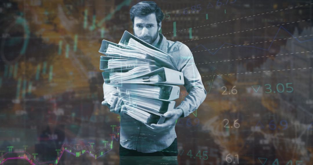 Businessman Handling Overloaded Files with Financial Background