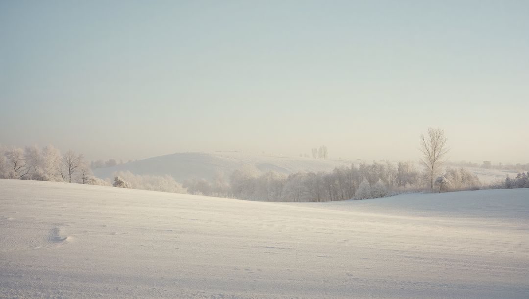Minimal Winter Landscape Showing Snow-Covered Field and Frosted Tree Line in Pastel Light