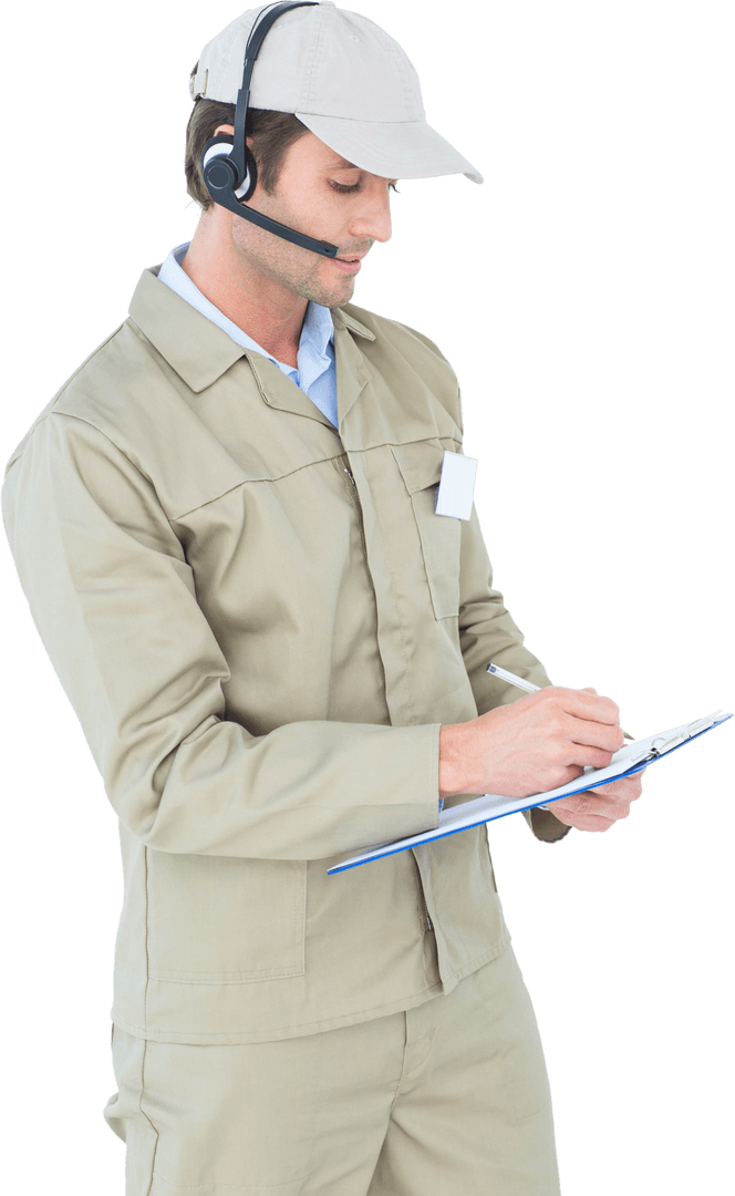 Transparent Delivery Man Wearing Headset Writing on Clipboard
