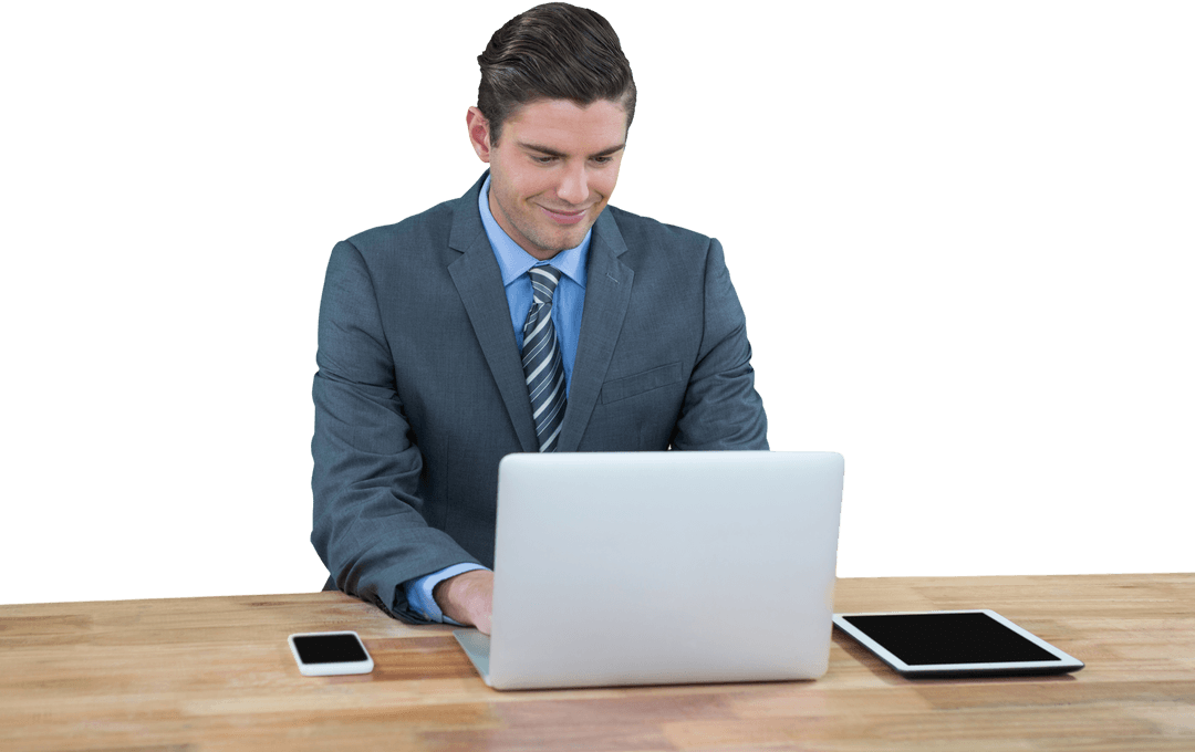 Transparent Businessman Using Laptop at Wooden Table