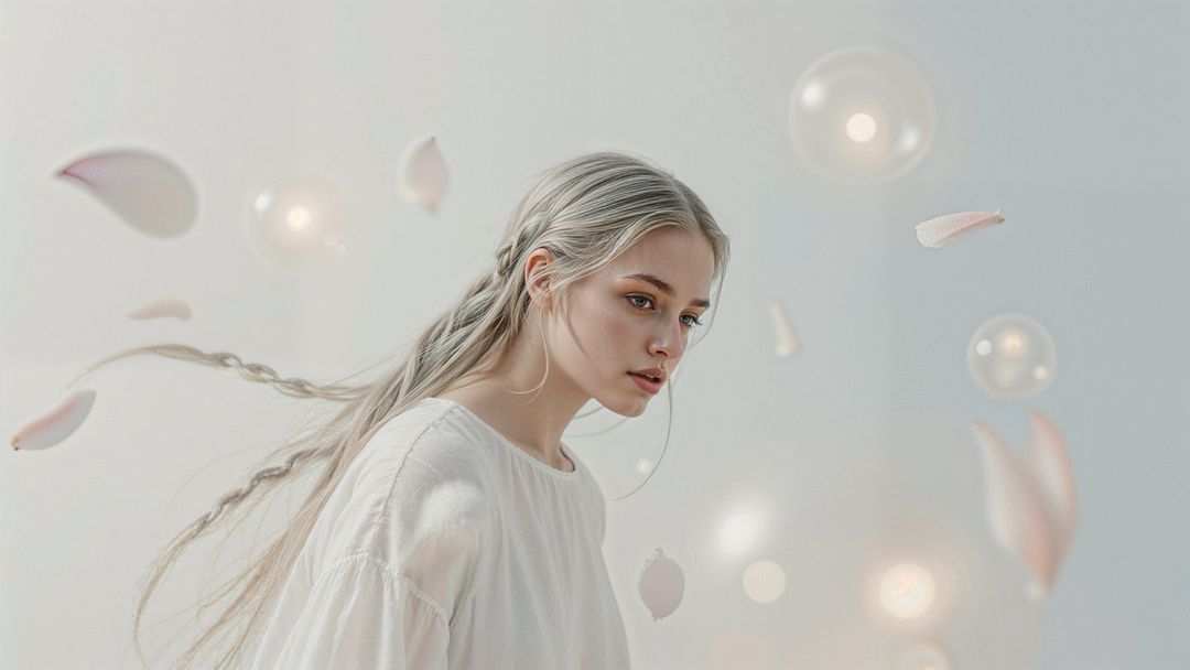 Ethereal beautiful lady amid soft orbs and floating petals