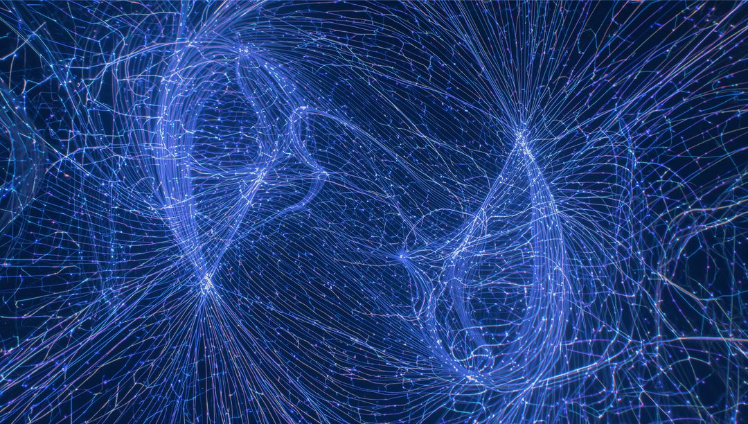 Swirling Luminescent Wireframe Faces Drifting in Neon Digital Network of Glowing Strands