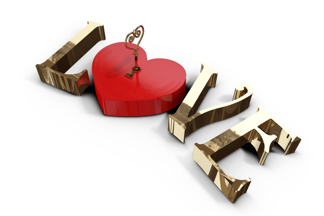 Golden Love Text with Red Heart on Transparent Background