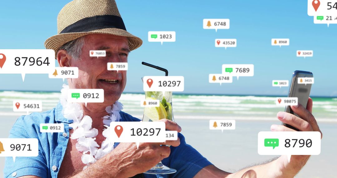 Senior Man Enjoying Beach Overwhelmed by Social Media Notifications