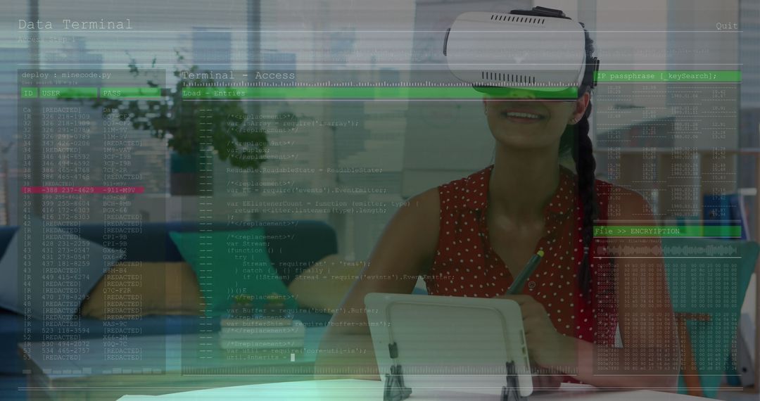 Woman Engaging With Virtual Reality Amidst Digital Data Interface
