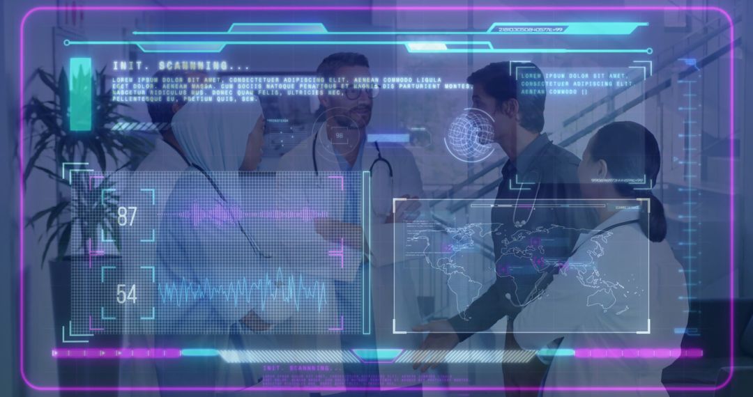 Medical Team Analyzing 3D Brain Scan with Holographic Interface