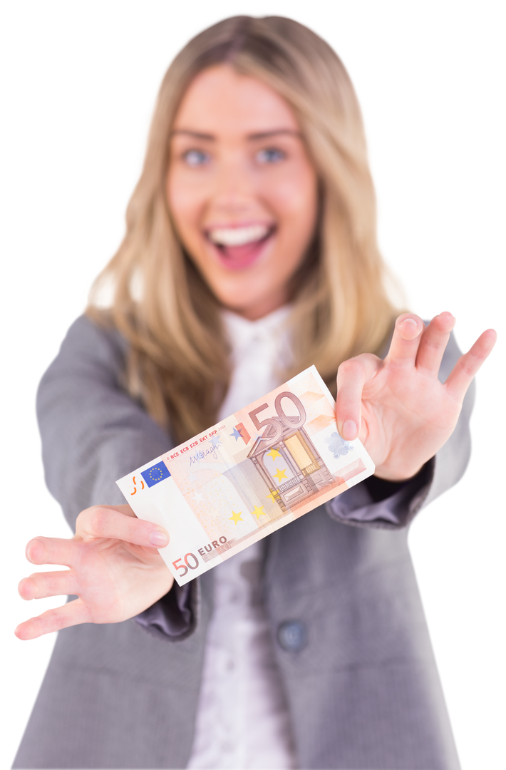 Joyful Blond Woman Holding 50 Euro Bill Transparent Background - Download Free Stock Images Pikwizard.com