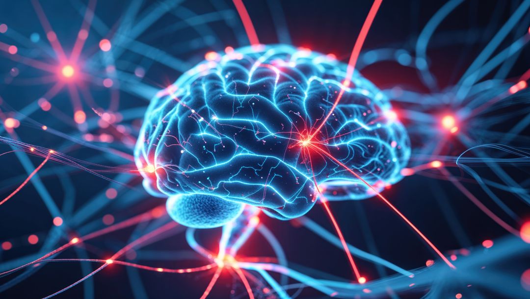 Digital Brain with Neon Filaments and Red Synapse Nodes Illustrating Intelligence