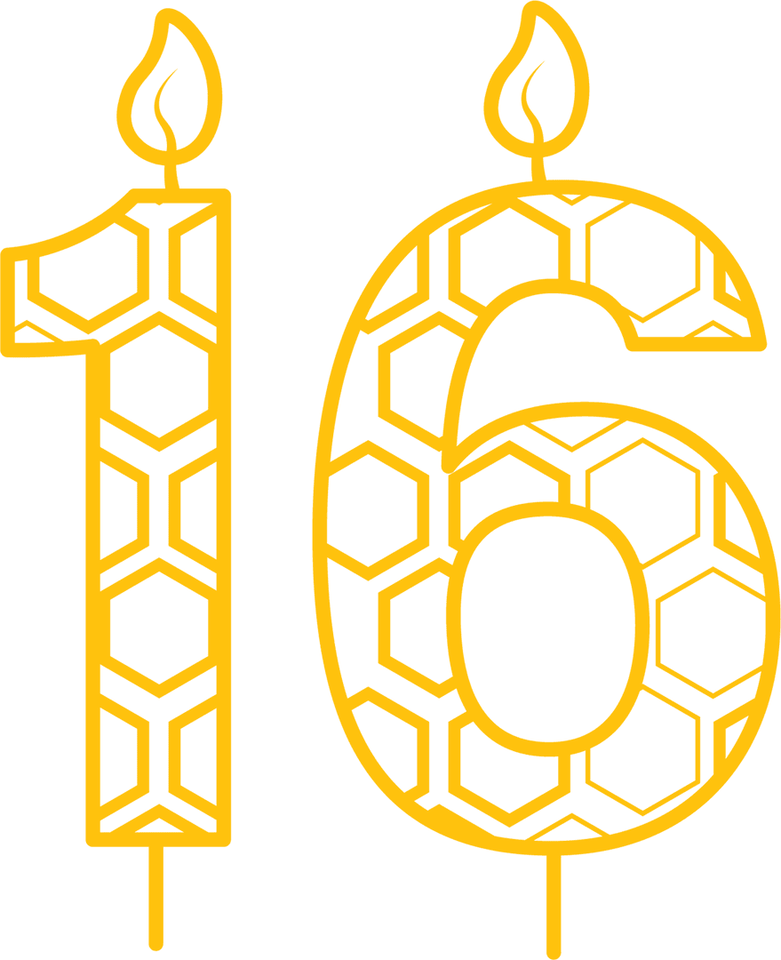 Transparent Illustration of 16 Birthday Candle with Honeycomb Design