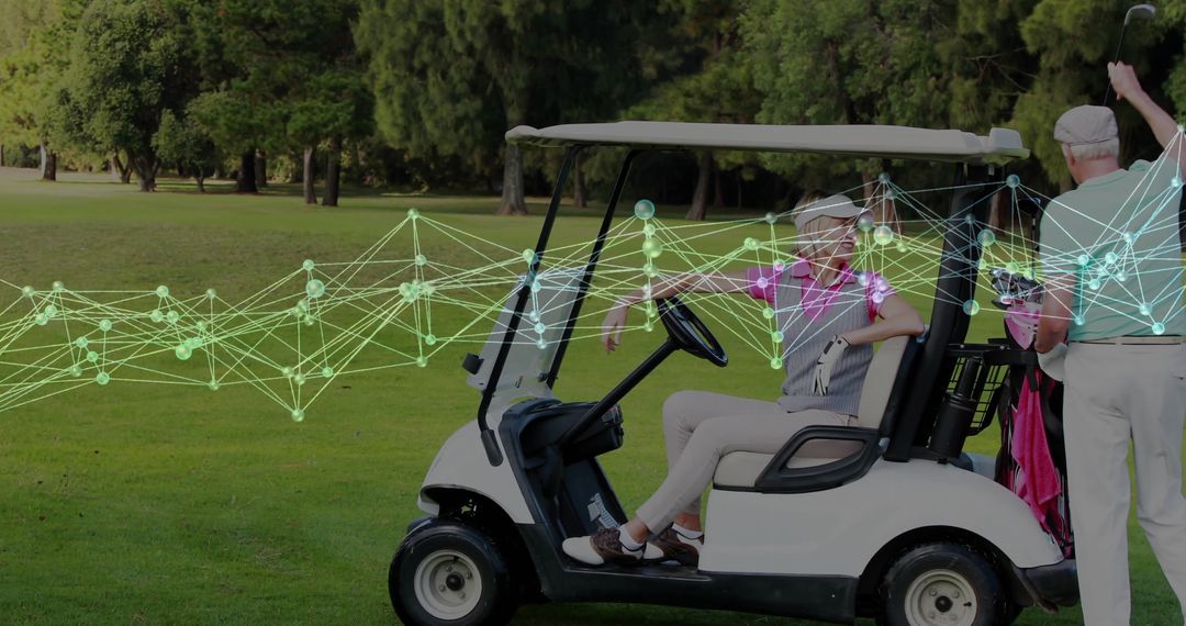 Elegant Couple Relaxing on Golf Cart with High-Tech Graphics Outdoors