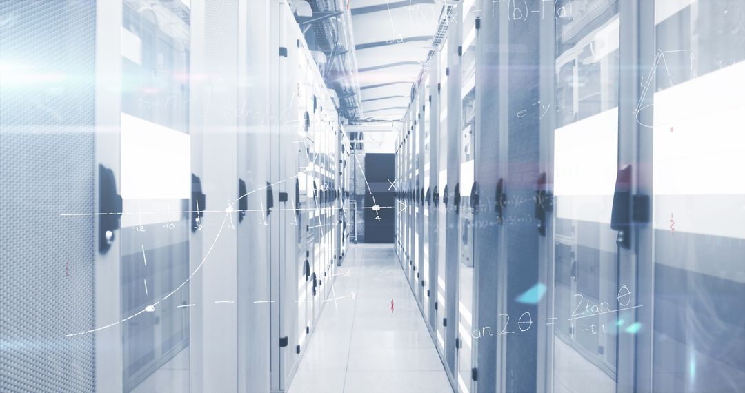 Futuristic Data Processing Overlay on Modern Server Room