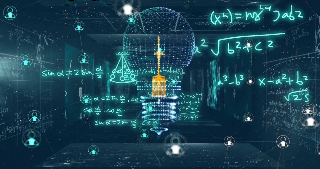 Digital Network Light Bulb Over Mathematical Formulas Background