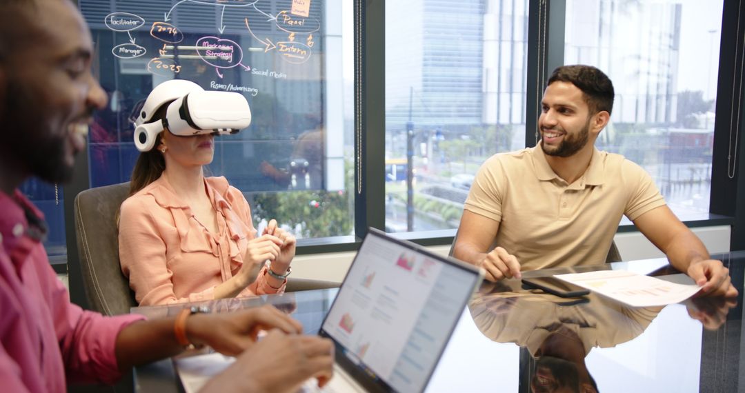 Diverse Team Embracing VR Technology in Business Meeting