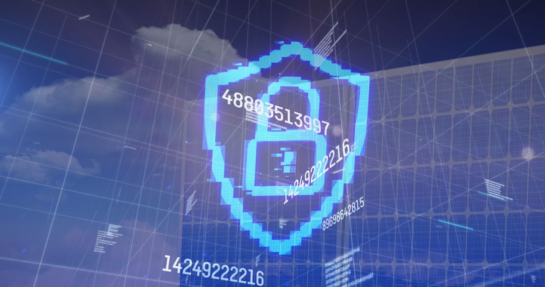Digital Security Icon Over Solar Panels with Financial Data