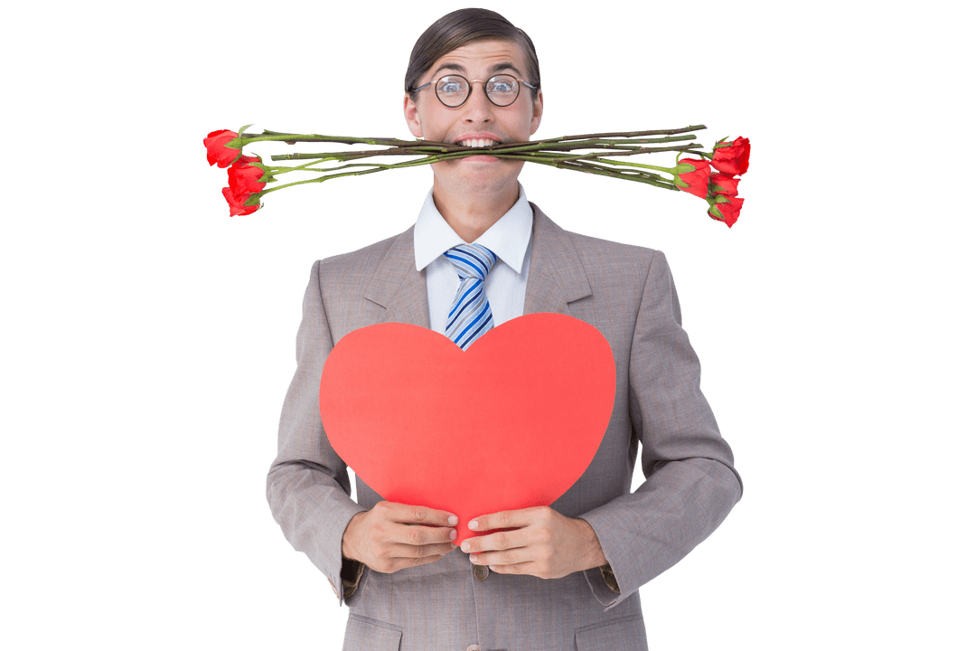 Geeky Businessman Holding Heart with Roses in Mouth, Transparent Background