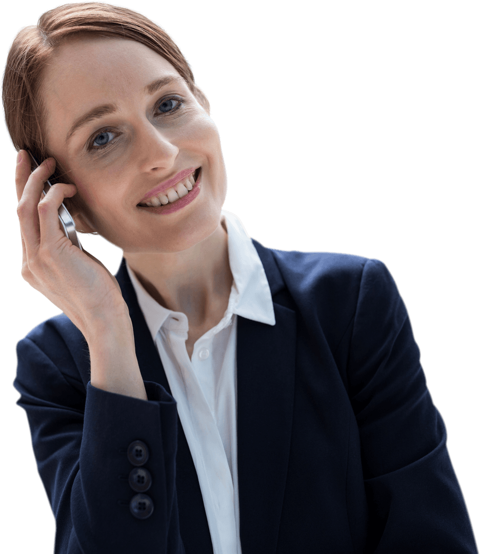 Transparent Businesswoman Smiling in Formal Attire