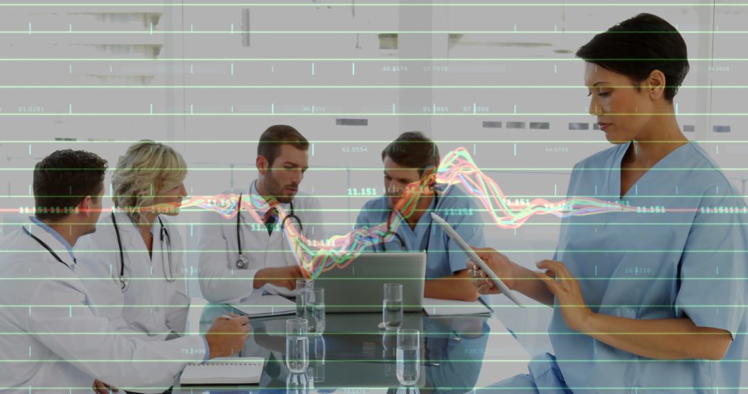 Healthcare Professionals Analyzing Digital Data with Graph Overlays