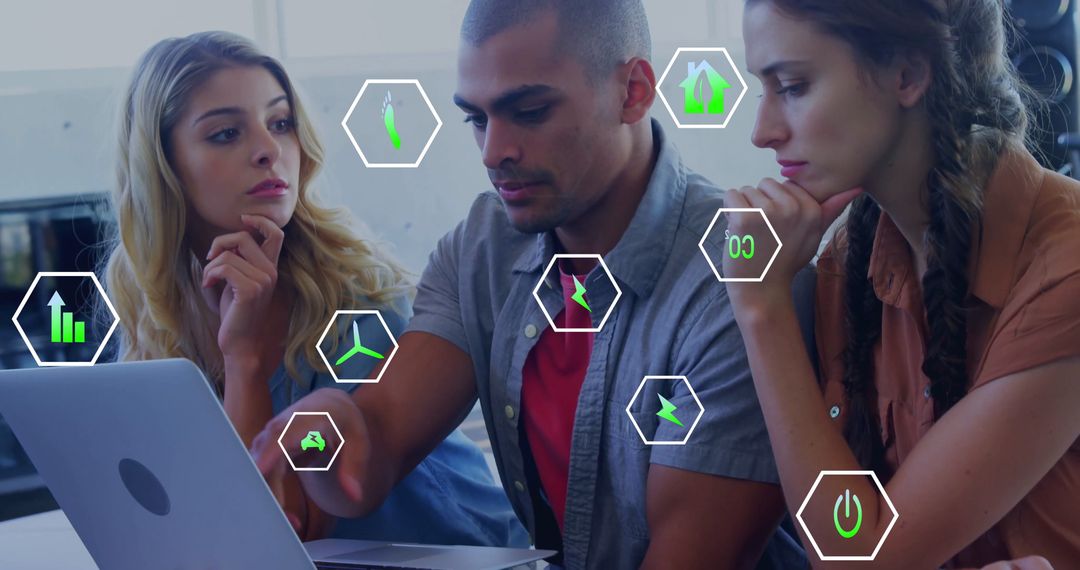 Diverse Team Analyzing Data and Technology Icons at Work Desk