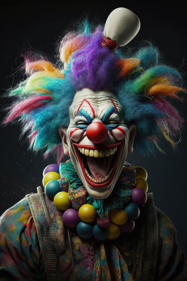 Close up of scary smiling clown in multi coloured wig, created using generative ai technology - Free Images, Stock Photos and Pictures on Pikwizard.com