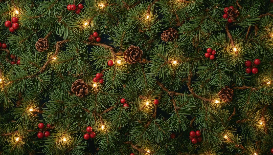 Festive Pine Garland Glowing with Warm Lights, Red Berries and Pine Cones Background