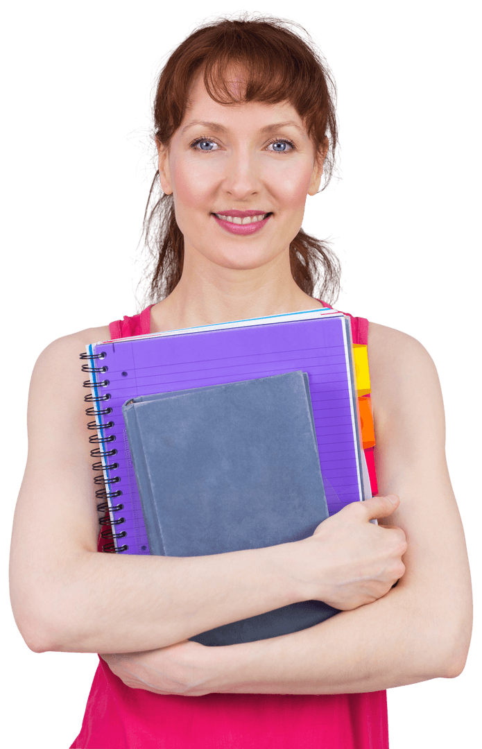 Friendly Woman Holding School Notebooks on Transparent Background