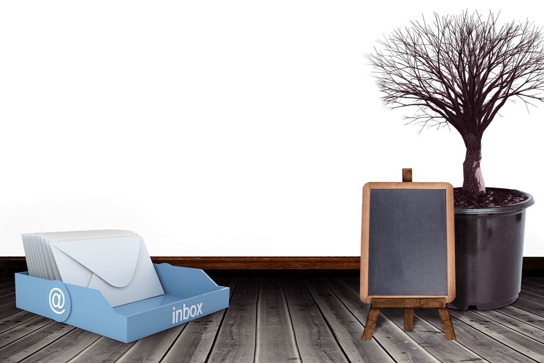 transparent inbox, chalkboard, and bonsai tree on wood floor - Download Free Stock Images Pikwizard.com