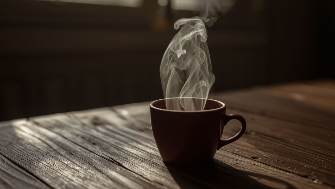Steaming Coffee Cup in Cozy Rustic Ambiance