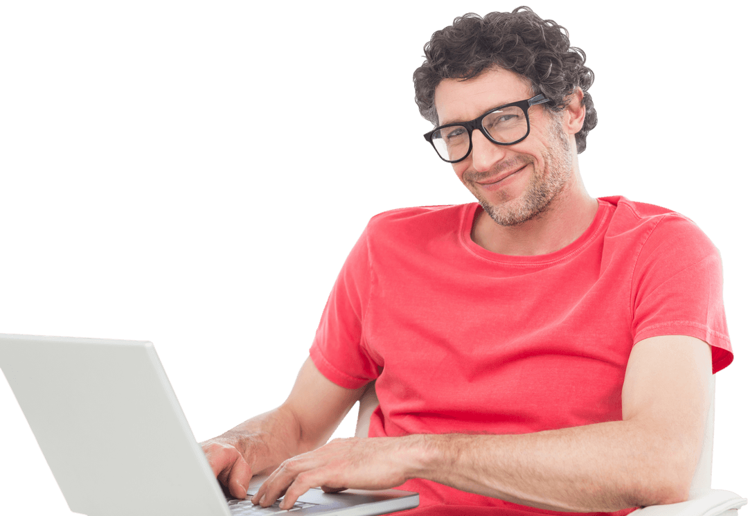 Smiling Man in Glasses using Laptop Isolated on Transparent Background