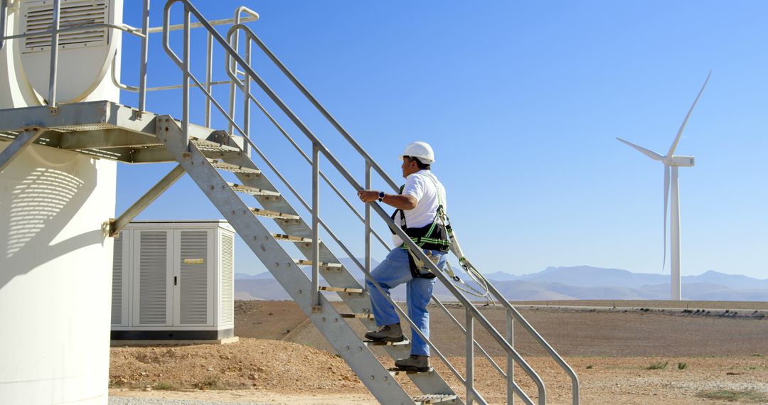 Engineer Climbing Ladder of Wind Turbine in Desert - Free Images, Stock Photos and Pictures on Pikwizard.com