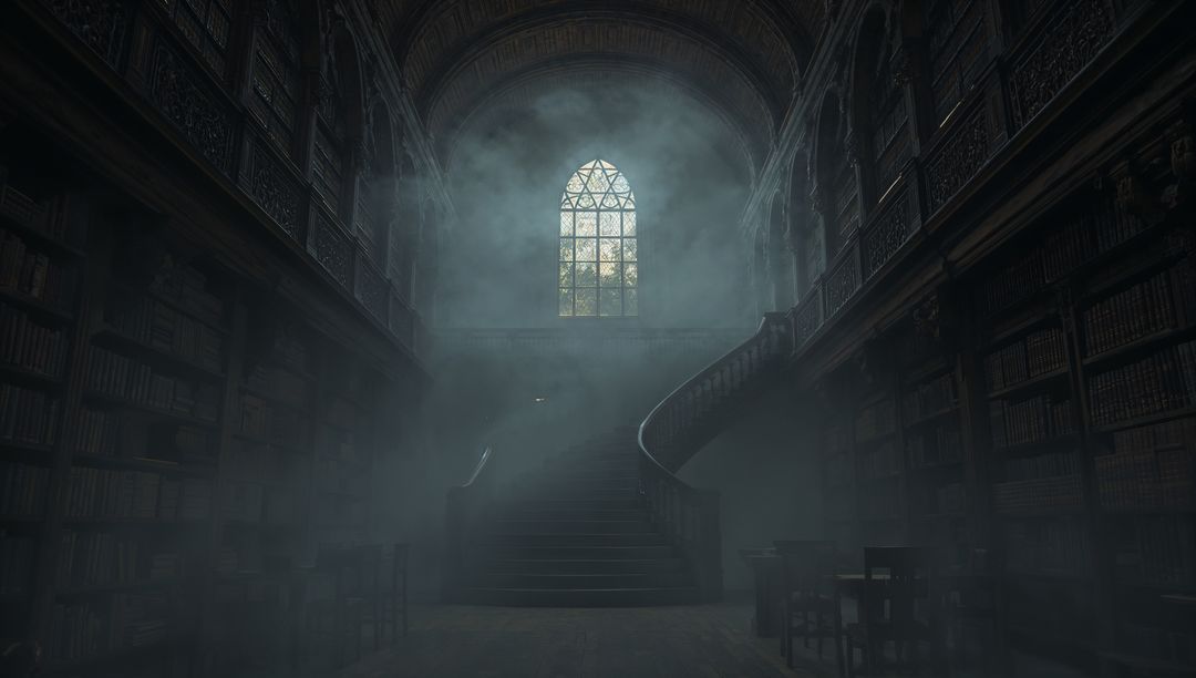 Grand Staircase in Historic Library with Dramatic Lighting