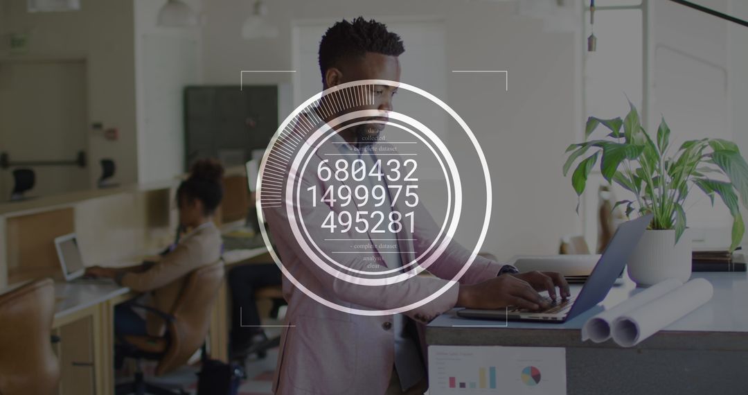 Digital Interface Scanning Businessman in Modern Office