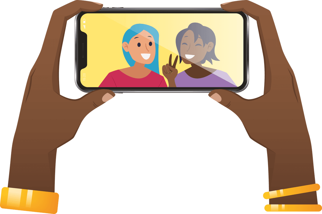 Hands Holding Smartphone Showing Joyful Friends on Transparent Background