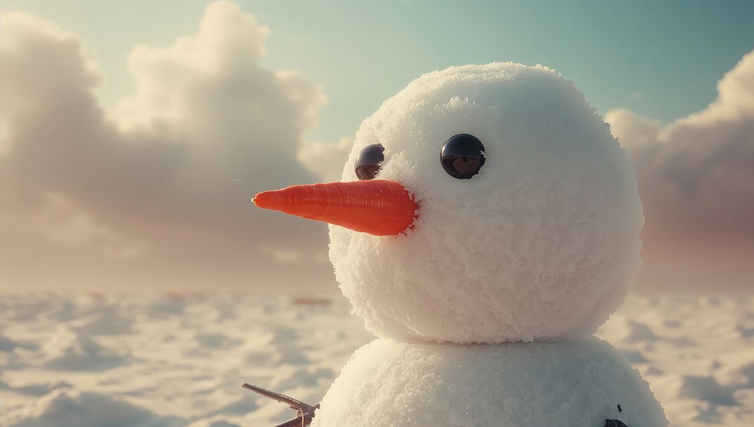 Cheerful Snowman with Carrot Nose on Sunny Snowy Plain Horizon