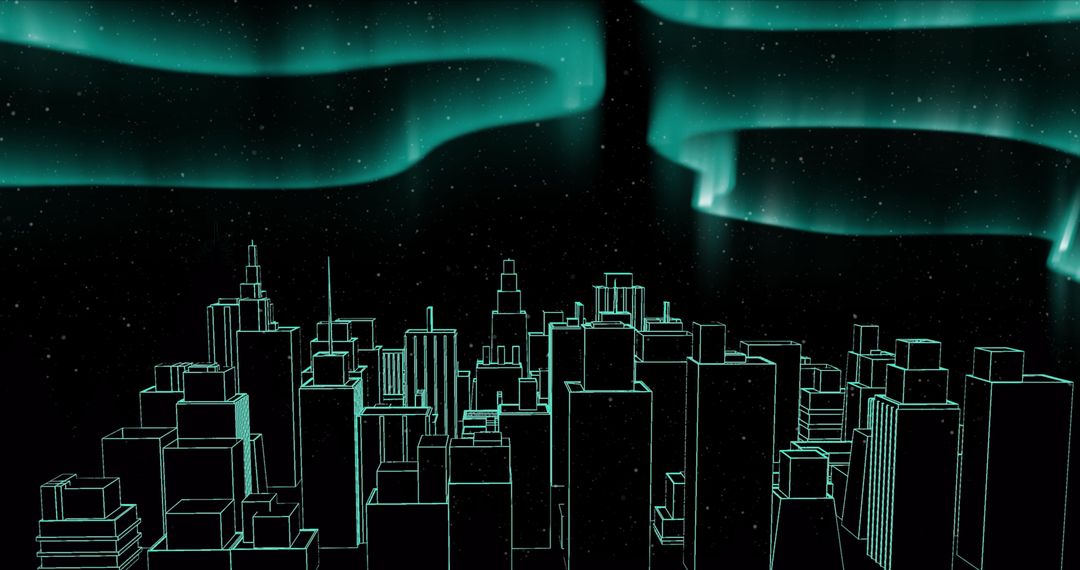 Futuristic Cityscape with Northern Lights and Skyline