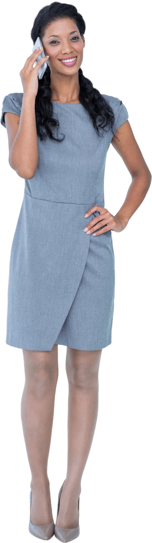 Transparent Smiling Biracial Businesswoman on Phone in Professional Outfit