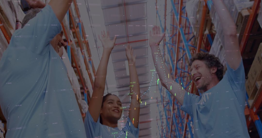 Synchronized Enthusiasm in Warehouse Team Celebrating