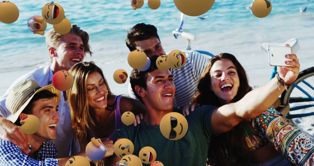 Friends Taking Selfie on Beach Surrounded by Emojis - Free Images, Stock Photos and Pictures on Pikwizard.com