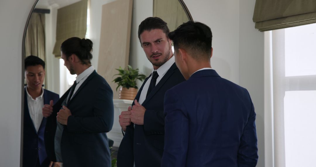 Groom Getting Ready in Front of Mirror with Friend Assisting